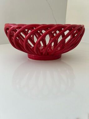 Eucalyptus Stoneware Red Ceramic Fruit Basket Bowl - Open Weave Design